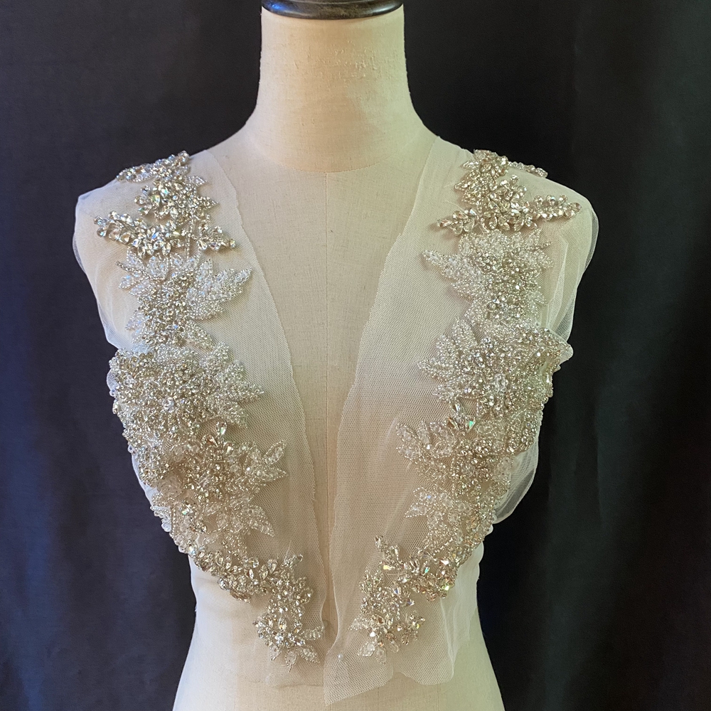 Silver beaded crystal applique for bridal 