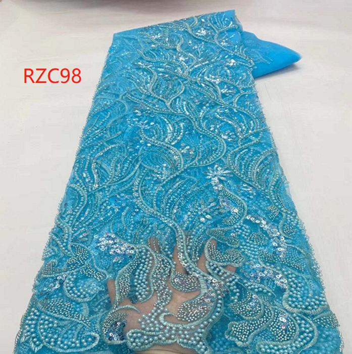 Blue Beaded Crystal Tulle Fabrics