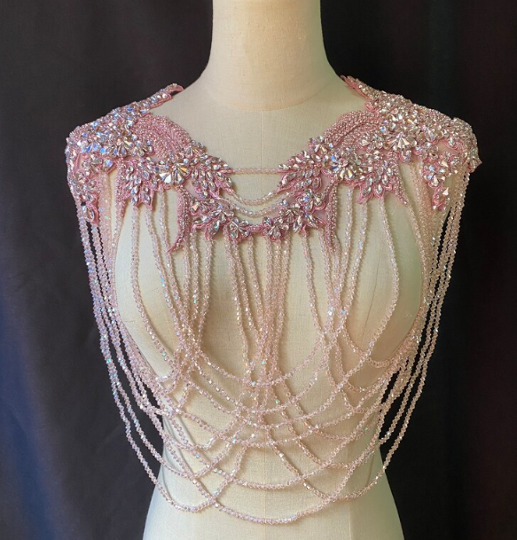 Dust Pink Tassel Beaded Crystal Applique for Costume