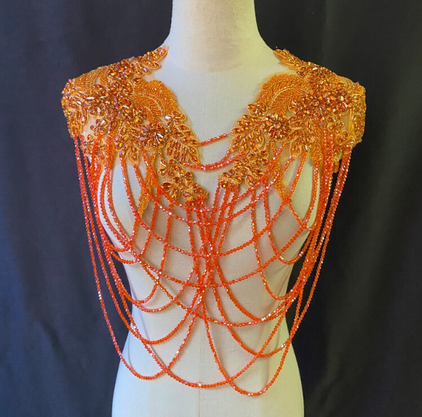 Burnt Orange Tassel Fringe Crystal Applique 